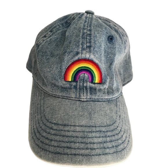 Stonewashed Denim Rainbow Pride Distressed Strapback  Cap Hat Lid Trucker - Picture 5 of 9